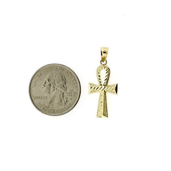 Real 10K Yellow Gold Diamond Cut Egyptian Ankh Cross Pendant - Picture 3 of 6